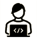 Ícone de uma pessoa em frente a um notebook e uma barra, entre os símbolos de menor e maior, representando código HTML